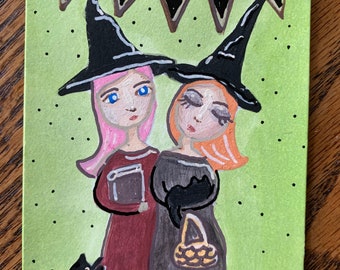 ACEO art card Witch Girls w Cats and Magic ATC original