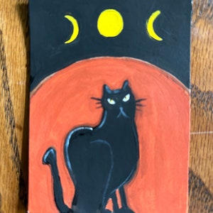 ATC Original ACEO Art Card Black CAT and Moon phases painting ooak