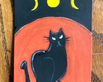 ATC Original ACEO Art Card Black CAT and Moon phases painting ooak