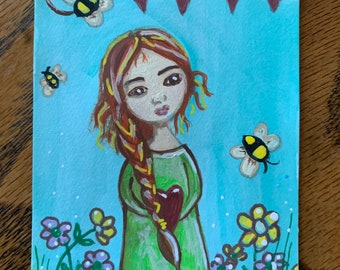 ACEO art card Valentine Love Girl with Bees ATC original painting