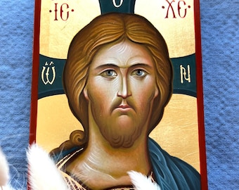 Icône Jésus-Christ Pantocrator peinte à la main, art religieux miniature byzantin, fond de feuille d'or