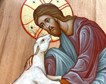 Hand-Painted Icon: Good Shepherd with Lamb, Gold Leaf Halo