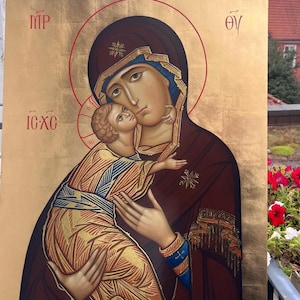 Groot Vladimir-icoon van de Moeder Gods - orthodoxe handgeschreven Theotokos op hout (60 x 40 cm)