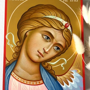 Icono bizantino del ángel de la guarda hecho a mano: obra religiosa para oración y regalo de bautizo (14/18 cm)