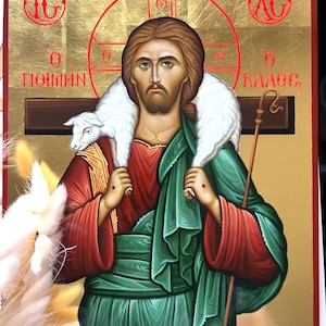 Le Bon Pasteur avec l'Agneau sur les épaules, icône manuscrite de Jésus-Christ.