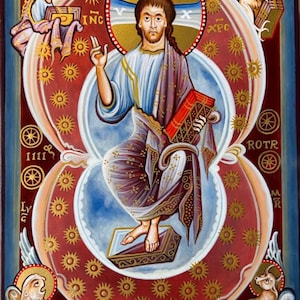 May include: An icon depicting a central figure with a halo, holding a book, surrounded by angels and symbols. The artwork features a rich color palette of reds, blues, and gold, with intricate details and religious symbolism. The style is reminiscent of Byzantine art.