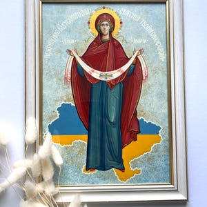 Ícone da Virgem Maria Pokrova da Ucrânia - Proteção Ortodoxa Pintada à Mão com Mapa e Moldura 8x12