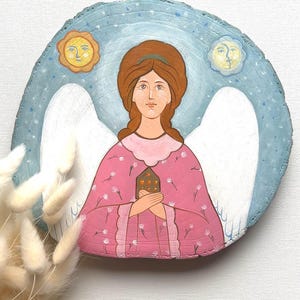 Amuleto cristiano per la casa, angelo custode, immagine su un taglio di legno! Regalo ecologico!