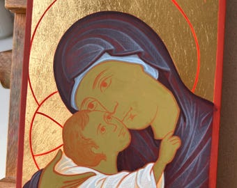 Orthodox Icons - Pair Our Lady of Tenderness,Eleusa, Tender Kiss and Jesus Christ Pantocrator, Mother's Day Gift for Mom, Travel Icons 9x12