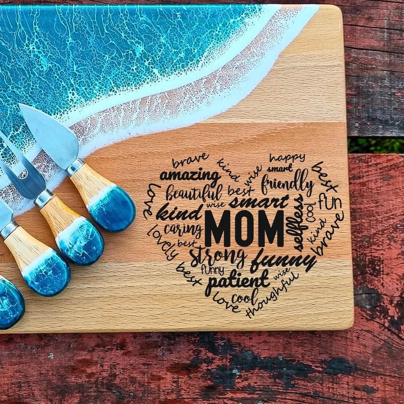 Personalized Mother's Day Gift 2025, Custom Grandma Resin Cutting Board, Mom Gift from Daughter, Mother in Law Ocean Epoxy Board