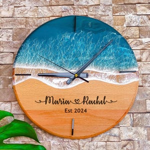 Personalized Resin Ocean Beach Wooden Wall Clock, Coastal Themed Handmade Home Decor, Beach Lover Gift Ideas, Wave Art for Wedding Couple
