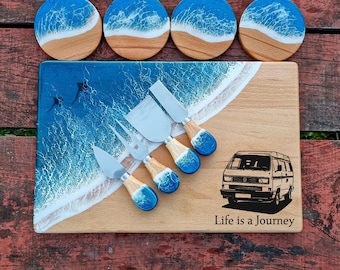 Personalized Ocean Resin Cheese Board Set: Camper Van Engraved Charcuterie