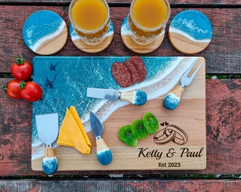 Personalized Resin Custom Charcuterie Board for Engagement Gifts for Couple Unique, Epoxy Wooden Cutting and Chopping Board for Wedding Gift