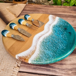 Personalized Ocean Waves Resin Lazy Susan Turntable Wood, Beach Themed House Serving Board Set for Wedding, Engagement Couple Unique Gift