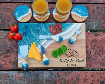 Personalized Resin Custom Charcuterie Board for Engagement Gifts for Couple Unique, Epoxy Wooden Cutting and Chopping Board for Wedding Gift