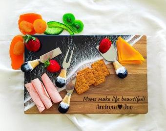 Personalized Resin Charcuterie Board for Engagement Unique Couple Gift, Custom Epoxy Cutting and Cheese Board for Mothers Day, Mom Gift Idea