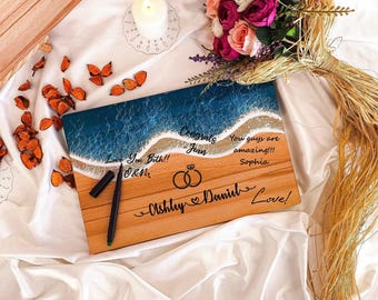 Personalized Wooden Epoxy Wedding Guest Book, Custom Engraved Sign, Modern Rustic Decor