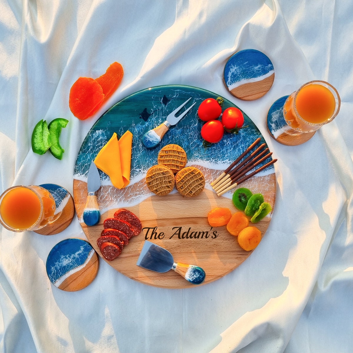 Personalized Ocean Waves Resin Lazy Susan Turntable Wood