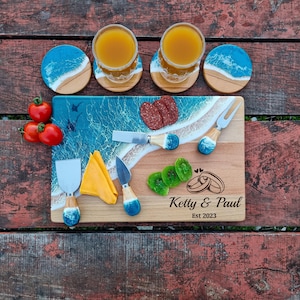 Gepersonaliseerde charcuteriebord van hout en hars, Ocean Wave-snijplank, verlovingscadeau bruiloft