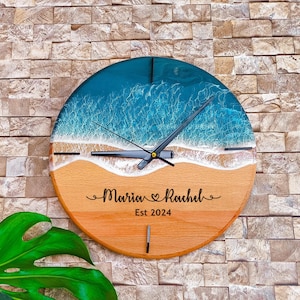 Personalized Resin Ocean Wave Wooden Clock: Coastal Beach Decor