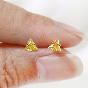 tiny citrine triangle studs // sterling silver or gold filled . November birthstone earring . yellow cz stud . minimalist dainty & delicate