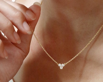 tiny trefoil necklace // silver or gold filled . april birthstone necklace . trio gemstone cluster . trinity pendant . minimal style