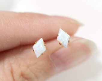 tiny opal diamond studs // sterling silver or gold filled . minimal opal earring . october birthstone . minimal dainty & delicate