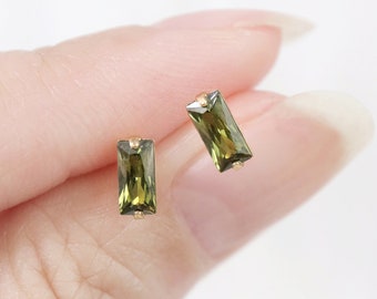 tiny olive peridot baguette studs // sterling silver or gold filled . tiny minimal bar earring . faceted cubic zirconia . august birthstone