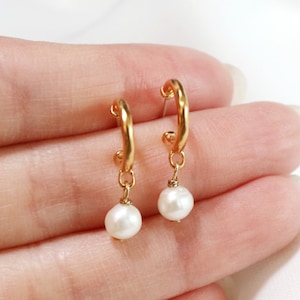 pearl charm hoops // vermeil or sterling silver . gold pearl earrings . huggie hoop earrings . real freshwater pearl . june birthstone