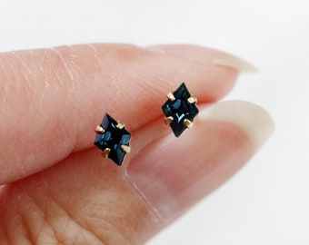 tiny navy blue diamond studs // sterling silver or gold filled . dark blue gemstone earring . minimal dainty & delicate . faceted lozenge