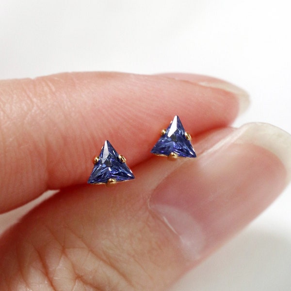 tiny sapphire triangle studs // sterling silver or gold filled . minimal royal blue earring . micro cz studs . minimalist dainty & delicate