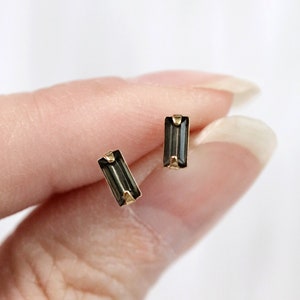 NEW micro smoky grey baguette studs // sterling silver or gold filled . tiny minimal bar earring . minimalist dainty faceted black diamond