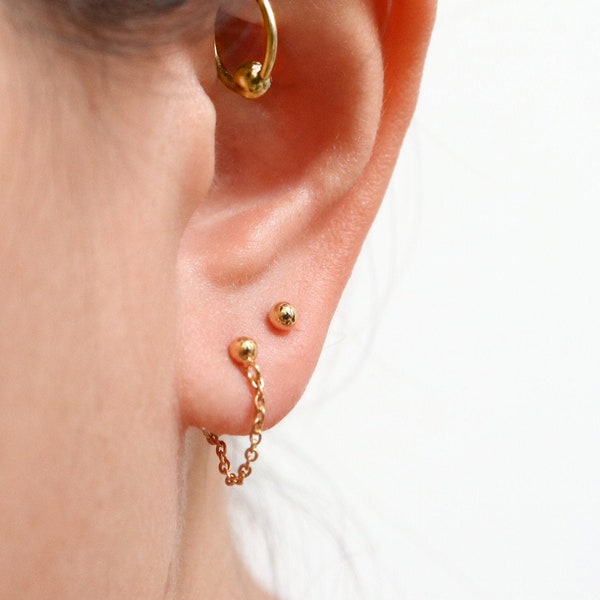 gold chain stud earrings // sterling silver or gold vermeil . ball stud earrings . gold chain earrings . huggie ear jacket . minimalist