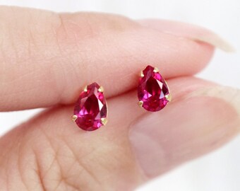 tiny garnet teardrop studs // sterling silver or gold filled . minimal drop earring . micro faceted cubic zirconia . January birthstone