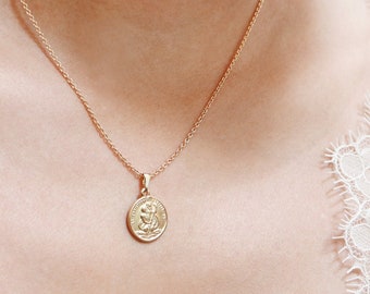 tiny st christopher necklace // silver or gold filled . travelers necklace . protection medal . gold coin necklace . religious charm pendant