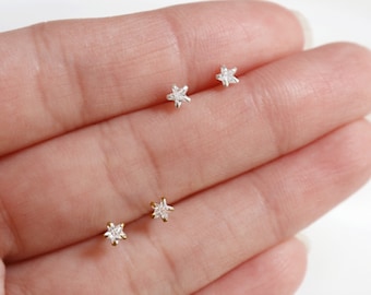 micro star stud earrings // sterling silver or gold vermeil . tiny minimal star studs . faceted cz crystal . celestial . second piercing