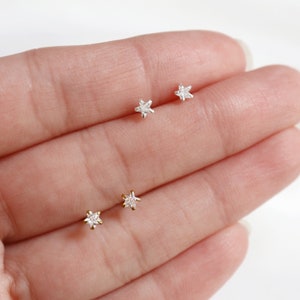 micro star stud earrings // sterling silver or gold vermeil . tiny minimal star studs . faceted cz crystal . celestial . second piercing