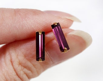 long amethyst baguette studs // sterling silver or gold filled . tiny minimal bar earring . minimalist faceted February birthstone earrings