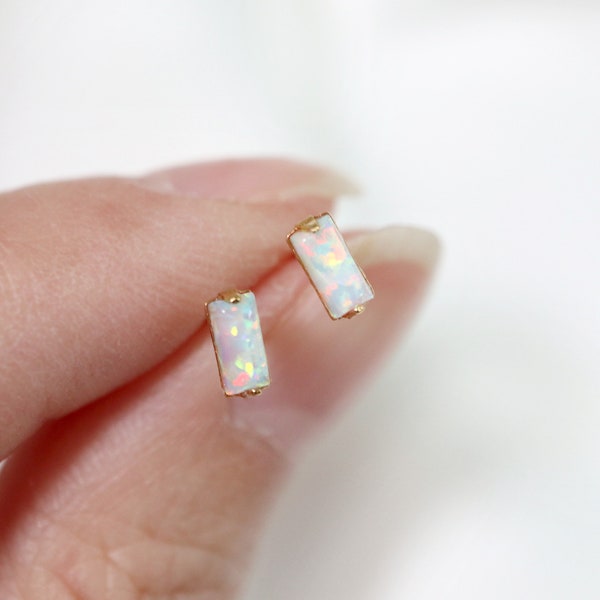 micro tiny opal baguette studs // sterling silver or gold filled . minimal bar earring . october birthstone . minimalist . dainty & delicate