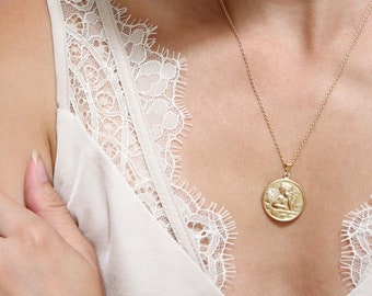 angel medallion necklace // silver or gold filled . angel coin necklace . protection medal . gold coin necklace . guardian angel . mom gift