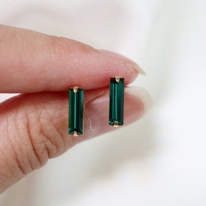 long emerald baguette studs // sterling silver or gold filled . tiny minimal bar earring . minimalist . faceted may birthstone earrings
