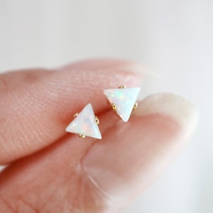 micro tiny opal triangle studs // sterling silver or gold filled . minimal pyramid earring . october birthstone . minimalist . dainty