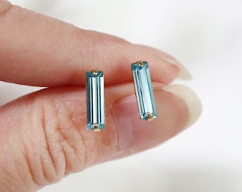 long aquamarine baguette studs // sterling silver or gold filled . minimal bar earring studs . faceted crystal march birthstone earrings