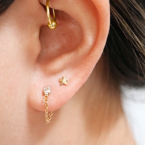 crystal chain stud earrings // silver or gold filled . gold chain earrings . cz huggie ear jacket . minimalist . faux diamond stud earrings