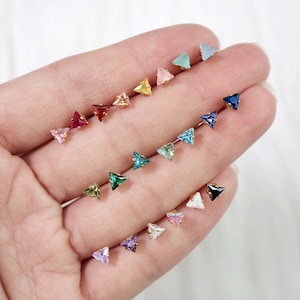 SINGLE tiny triangle studs // sterling silver or gold filled or rose gold filled . minimal pyramid earring . faceted cubic zirconia crystal