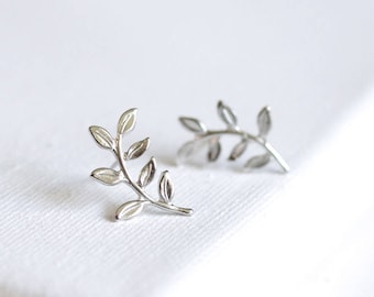 olive branch earrings // silver or gold . sterling posts . twig stud ear climber . nature inspired . delicate leaf earring . non tarnish