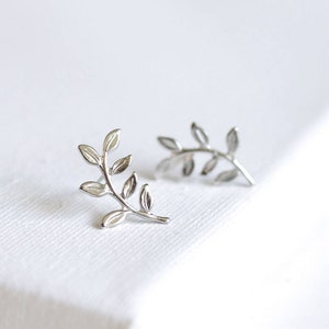 olive branch earrings // silver or gold . sterling posts . twig stud ear climber . nature inspired . delicate leaf earring . non tarnish