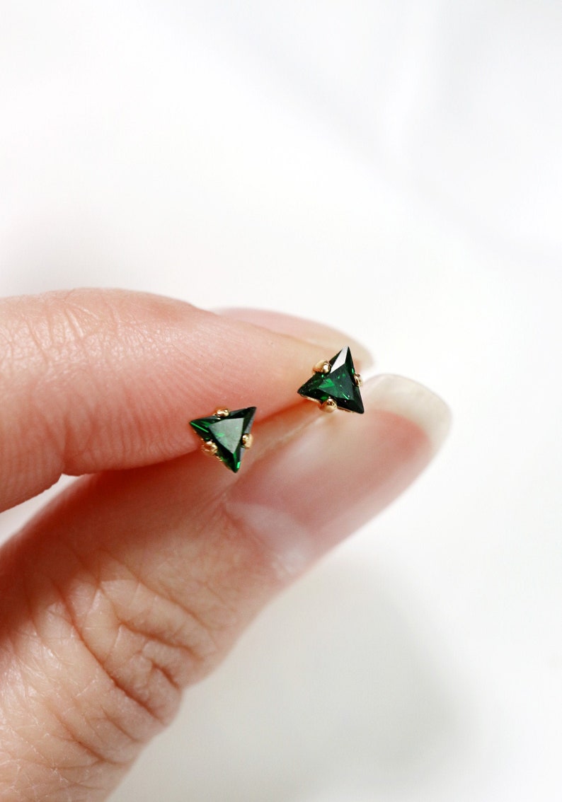 tiny emerald triangle studs // sterling silver or gold filled . minimal green gemstone . may birthstone earrings . minimalist dainty 