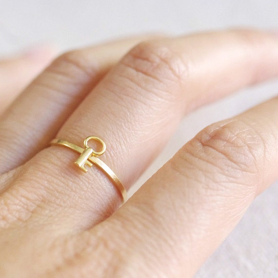 Tiny Key Ring // Silver or Gold Filled . Skeleton Key Ring . Stackable Key  Ring . Vintage Style Key . Skinny Stacker . Modern Minimalist 