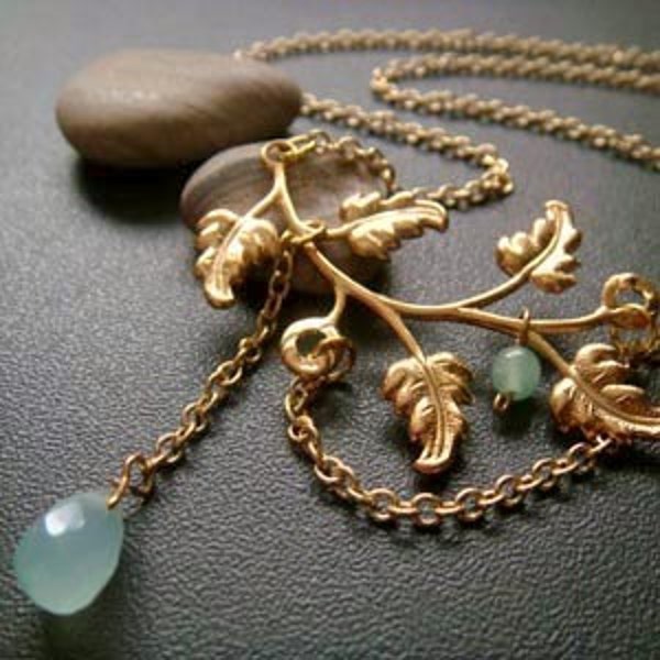 RESERVED for J . hestia . SILVER . mist . green quartz and chain leaf pendant